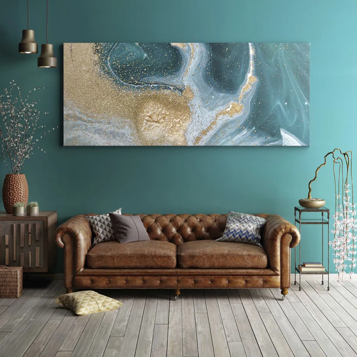 Obraz na plátně - Vír zlaté a tyrkysové - 160x50 cm