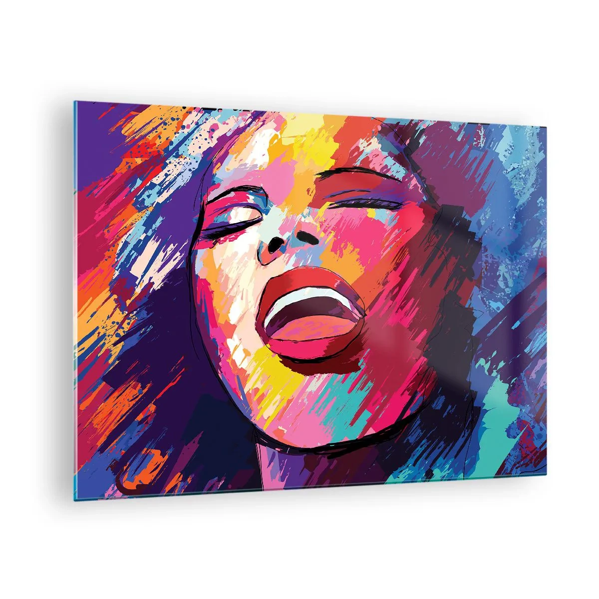 Obraz na skle - Abstraktní portrét ženy v intenzivních barvách - 70x50cm - Vyzpívat celý život - Moderní nástěnná dekorace do obývacího pokoje a ložnice ARTTOR