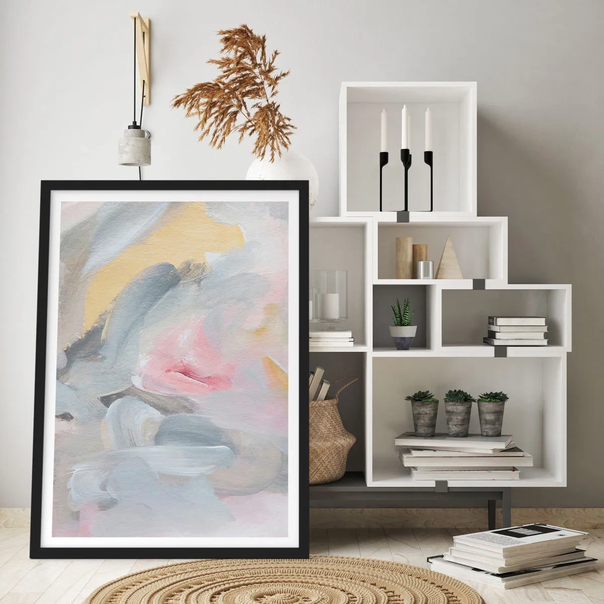 Plakát v černém rámu - Abstraktní kompozice v pastelových barvách - 50x70cm - V pastelovém světě - Moderní nástěnná dekorace do obývacího pokoje a ložnice ARTTOR