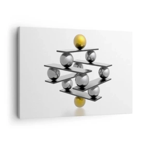 Obraz na plátně - Geometrická kompozice s kovovými kuličkami a zlatým akcentem - 70x50cm - Zlato-stříbrná rovnováha - Moderní nástěnná dekorace do obývacího pokoje a ložnice ARTTOR