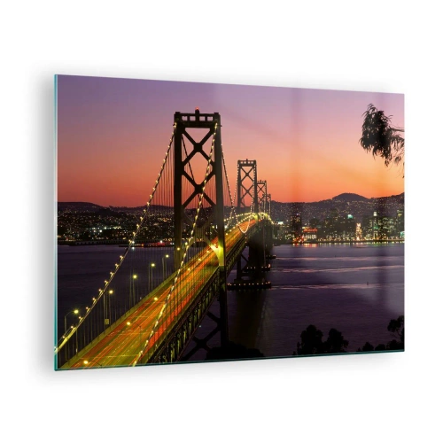 Obraz na skle - Most v noci ve městě a světlo západu slunce - 70x50cm - Večer ve fialové - Moderní nástěnná dekorace do obývacího pokoje a ložnice ARTTOR