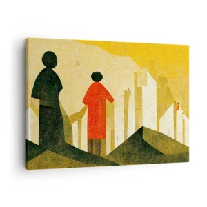 Obraz na plátně - Geometrické siluety v červené a zelené barvě na žlutém pozadí - 70x50cm - Ještě hodně daleko - Moderní nástěnná dekorace do obývacího pokoje a ložnice ARTTOR