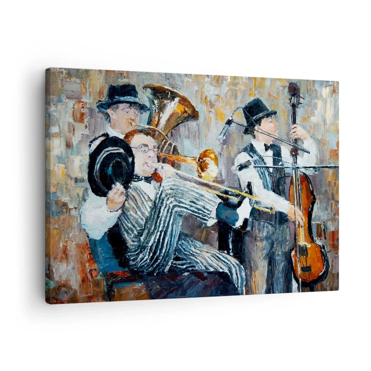 Obraz na plátně - Jazzoví hudebníci v malířském stylu během koncertu - 70x50cm - Celý tento jazz - Moderní nástěnná dekorace do obývacího pokoje a ložnice ARTTOR