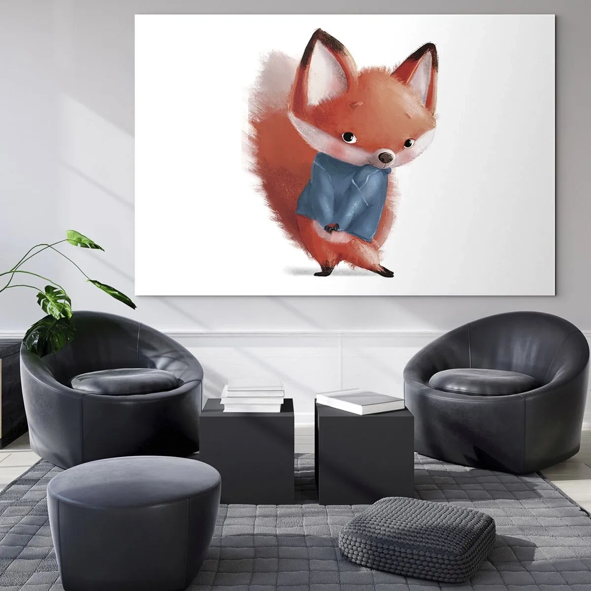 Obraz na skle - Roztomilá liška v modrém svetru na bílém pozadí - 70x50cm - Sluší mi to? - Moderní nástěnná dekorace do obývacího pokoje a ložnice ARTTOR