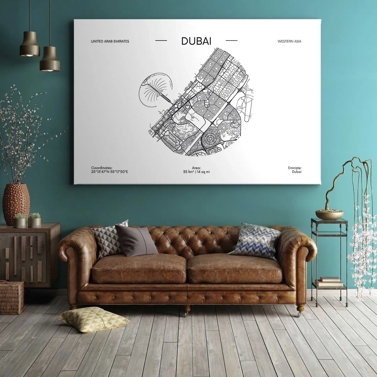 Obraz na plátně - Minimalistická černobílá mapa Dubaje s vyznačenými polohami. - 70x50cm - Anatomie Dubaje - Moderní nástěnná dekorace do obývacího pokoje a ložnice ARTTOR