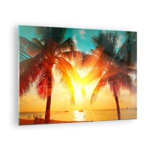 Obraz na skle - Sluncem zalité palmy nad tropickou pláží - 70x50cm - Exotický pár - Moderní nástěnná dekorace do obývacího pokoje a ložnice ARTTOR