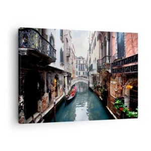 Obraz na plátně - Kanál v Benátkách s gondolou a historickými budovami - 70x50cm - Benátská krajina s gondolou a můstkem - Moderní nástěnná dekorace do obývacího pokoje a ložnice ARTTOR