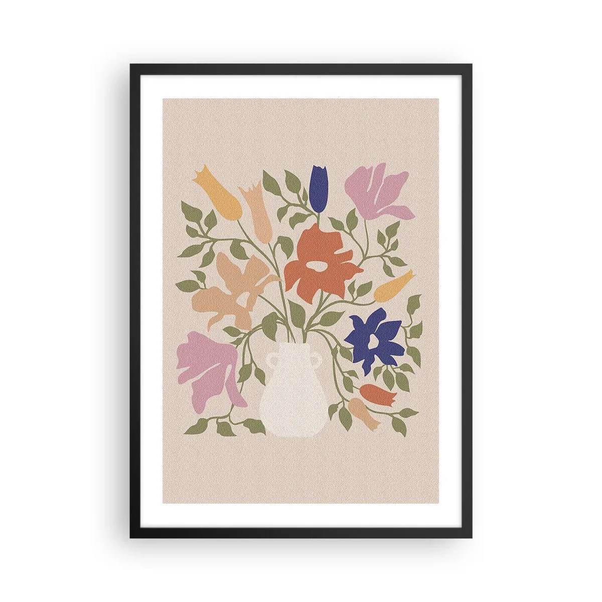 Plakát v černém rámu - Barevná kytice květin ve světlé váze na béžovém pozadí - 50x70cm - Jemná kytice - Moderní nástěnná dekorace do obývacího pokoje a ložnice ARTTOR
