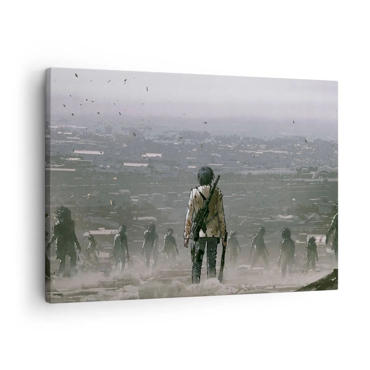 Obraz na plátně - Postava se zbraní stojí před skupinou v dystopické krajině. - 70x50cm - Poslední spravedlivý? - Moderní nástěnná dekorace do obývacího pokoje a ložnice ARTTOR