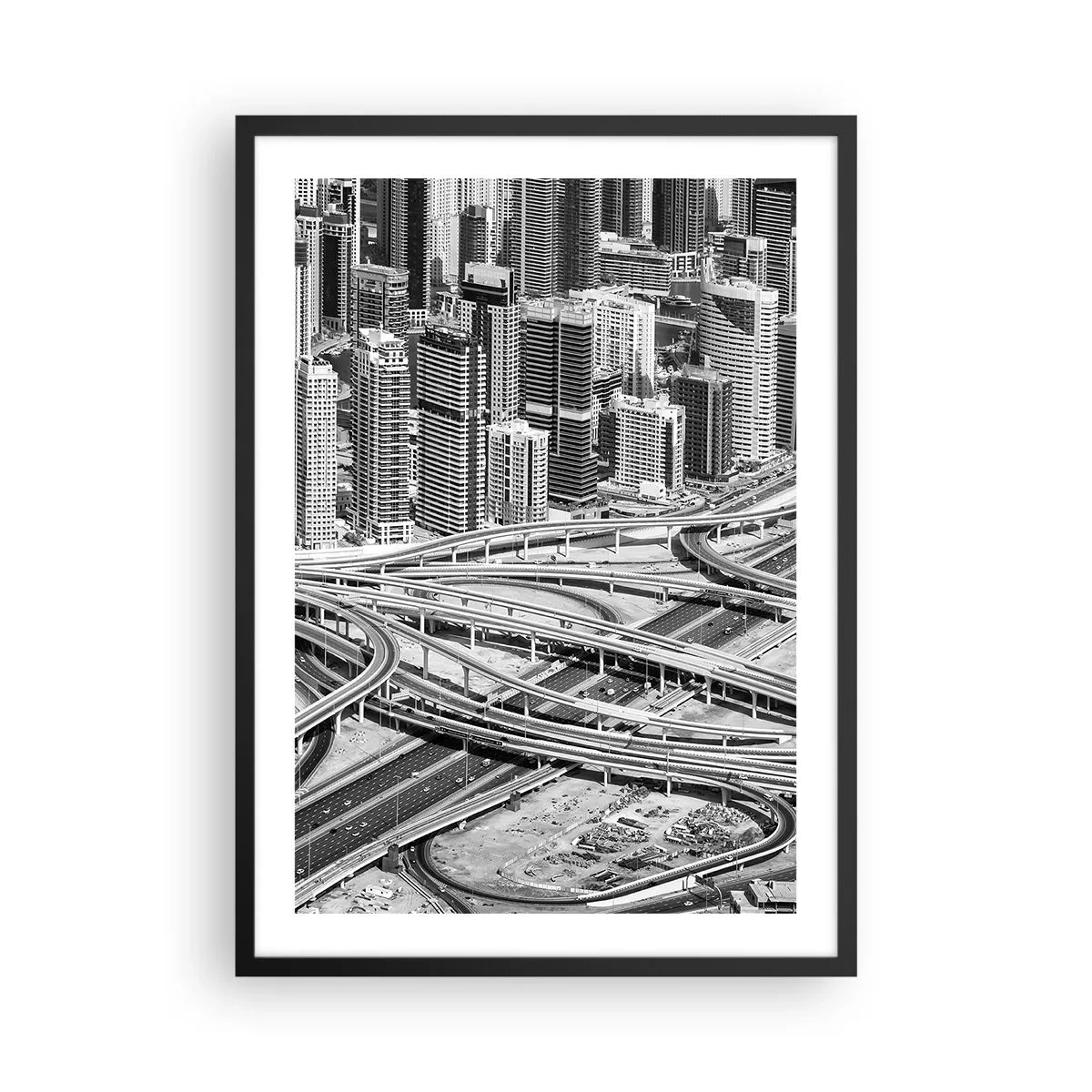 Plakát v černém rámu - Panorama města s silniční sítí v černobílém stylu - 50x70cm - Dubaj – nemožné město - Moderní nástěnná dekorace do obývacího pokoje a ložnice ARTTOR