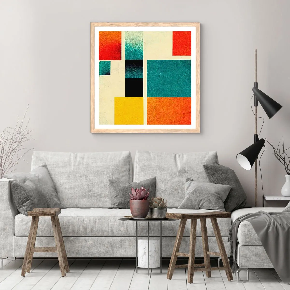 Plakát v rámu světlý dub - Geometrická abstrakce – dobrá energie - 50x50 cm