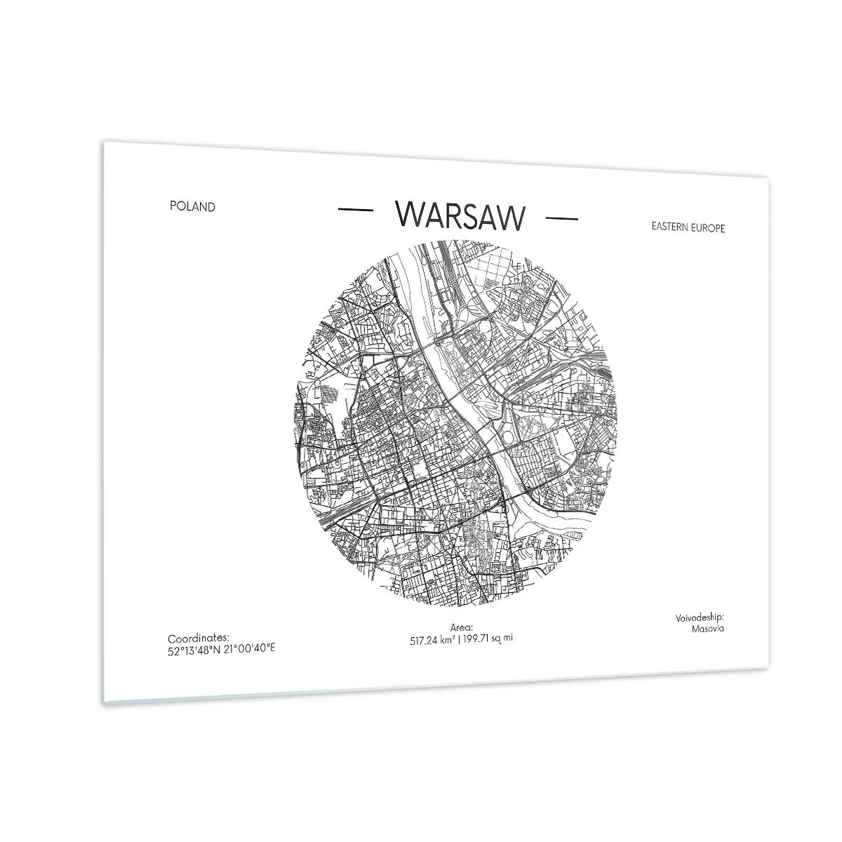Obraz na skle - Mapa Varšavy v podobě grafického znázornění - 70x50cm - Anatomie Varšavy - Moderní nástěnná dekorace do obývacího pokoje a ložnice ARTTOR