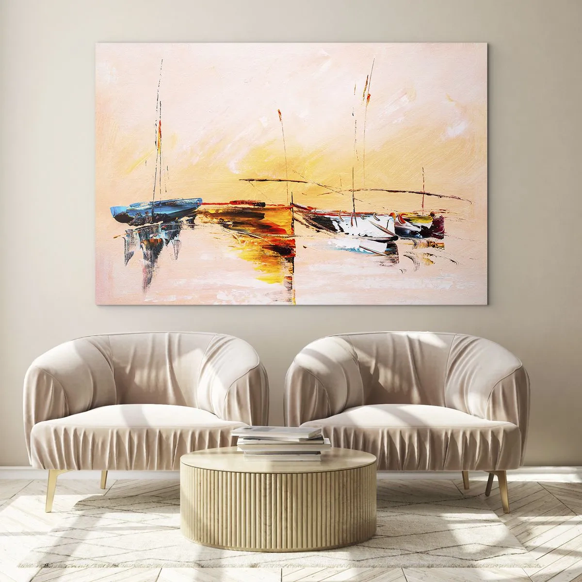 Obraz na skle - Barevné lodě kotvící na pozadí impresionistického západu slunce - 70x50cm - Večer v přístavu - Moderní nástěnná dekorace do obývacího pokoje a ložnice ARTTOR