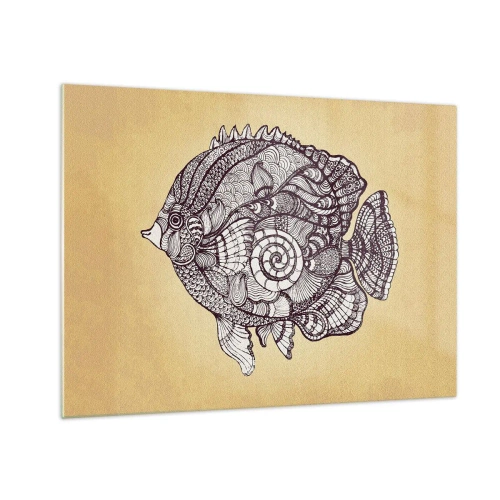 Obraz na skle - Kreslená ryba s ornamenty na béžovém pozadí - 70x50cm - Z oceánu ornamentů - Moderní nástěnná dekorace do obývacího pokoje a ložnice ARTTOR