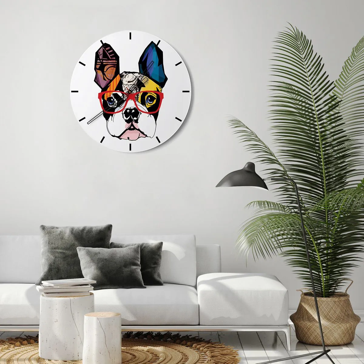 Nástěnné hodiny - Barevná kresba psa s brýlemi na bílém pozadí - 30x30cm - Intelektuál - Moderní nástěnná dekorace do obývacího pokoje, kuchyně a ložnice ARTTOR