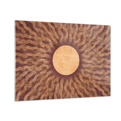 Obraz na skle - Stylizované slunce s paprsky ve formě vlnovek na hnědém pozadí. - 70x50cm - Ikona slunce - Moderní nástěnná dekorace do obývacího pokoje a ložnice ARTTOR