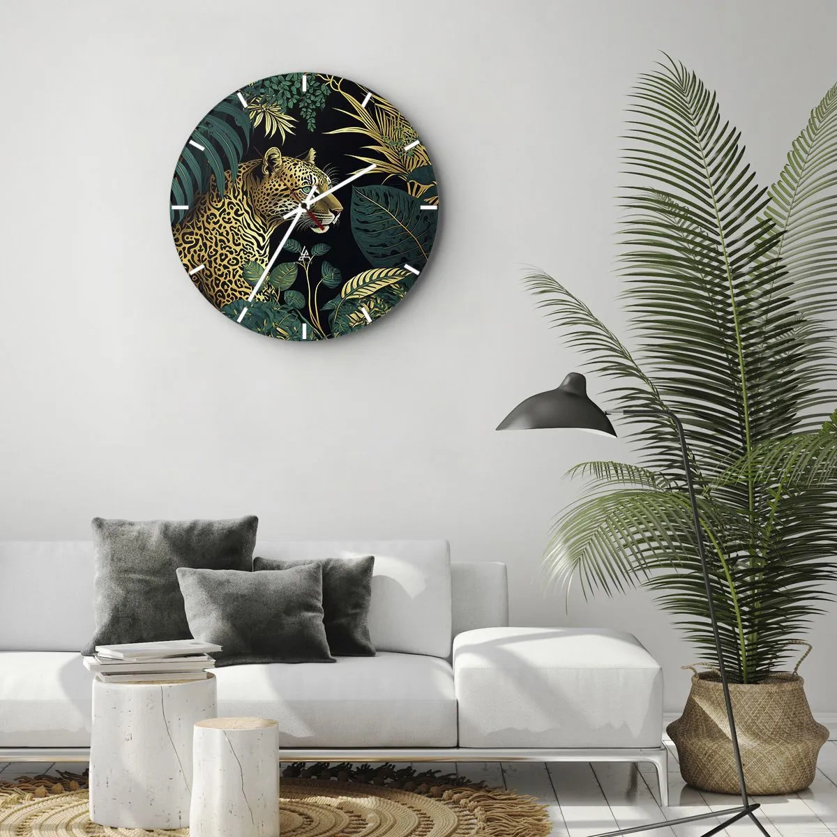 Nástěnné hodiny - Leopard mezi tropickými listy na černém pozadí - 30x30cm - Domácí v džungli - Moderní nástěnná dekorace do obývacího pokoje, kuchyně a ložnice ARTTOR