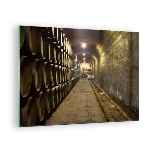 Obraz na skle - Vinný sklep s řadami sudů - 70x50cm - Je dobré si odpočinout - Moderní nástěnná dekorace do obývacího pokoje a ložnice ARTTOR