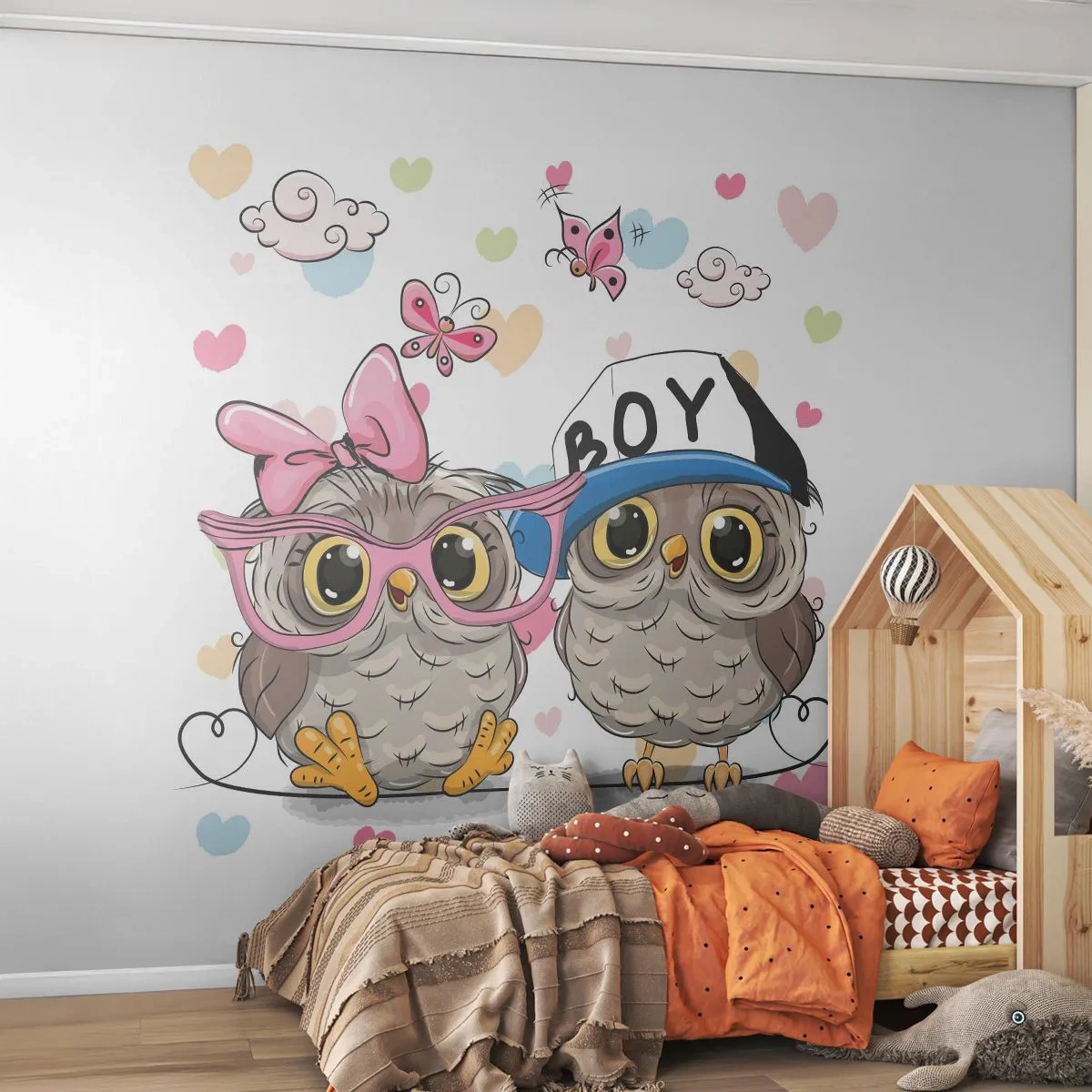 Fototapeta Premium Canvas - Milujme se! - Pro děti, Sova, Motýl - 250x175 cm
