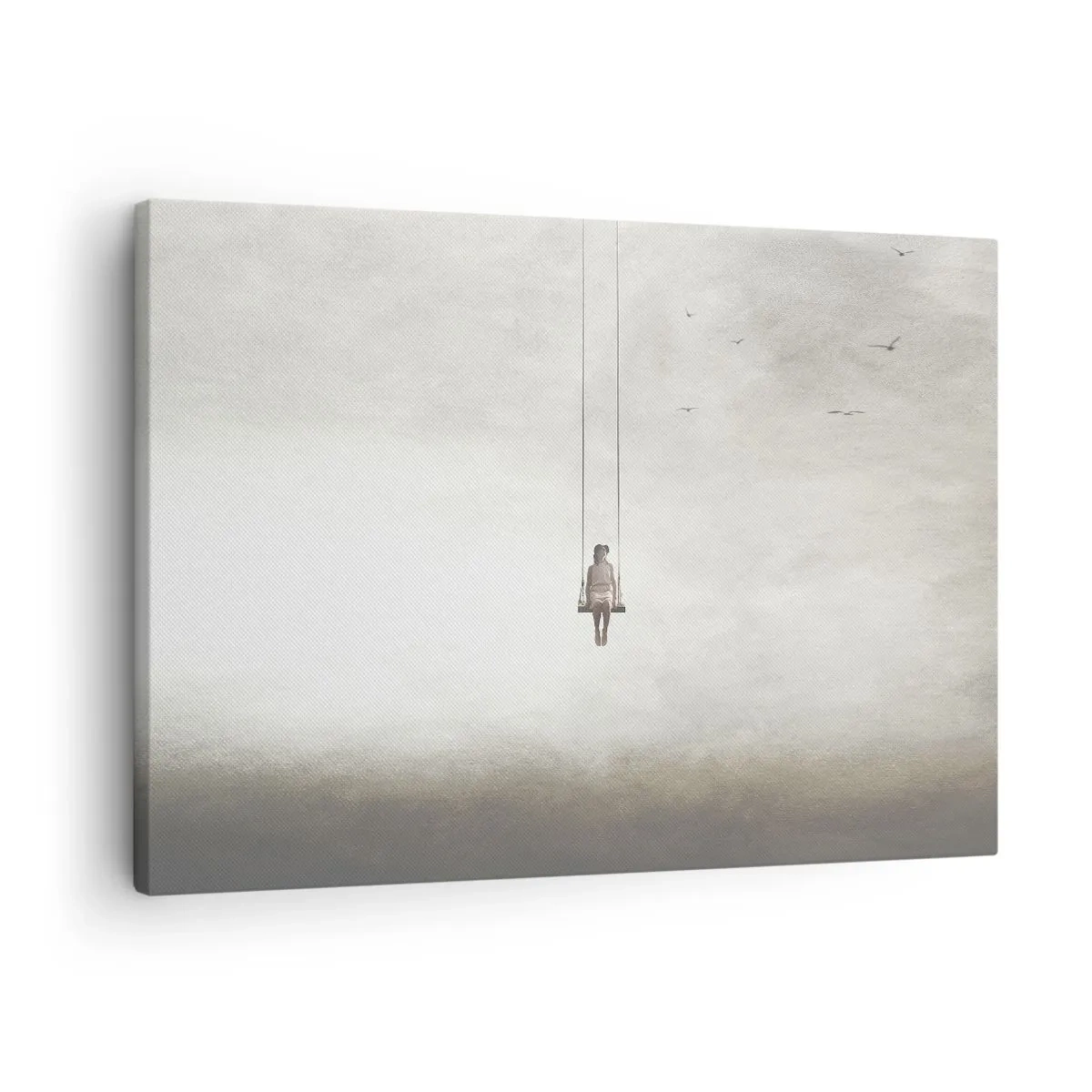 Obraz na plátně - Postava na houpačce zavěšená v prostoru - 70x50cm - Dítě v nás - Moderní nástěnná dekorace do obývacího pokoje a ložnice ARTTOR