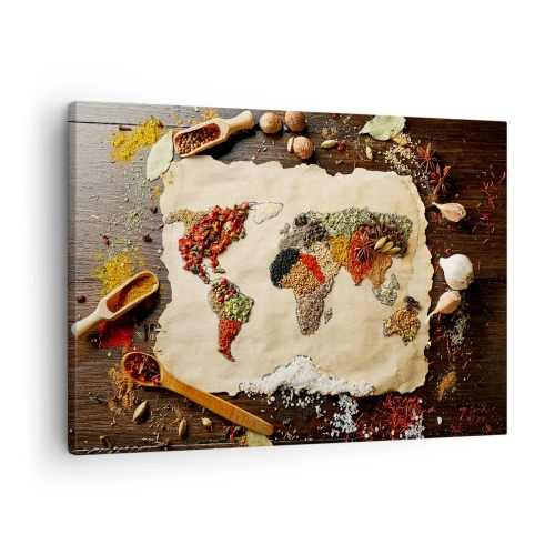 Obraz na plátně - Mapa světa z koření na dřevěném pozadí. - 70x50cm - Všechny chutě světa - Moderní nástěnná dekorace do obývacího pokoje a ložnice ARTTOR