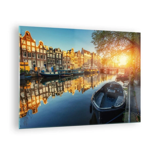 Obraz na skle - Amsterdamský kanál při západu slunce - 70x50cm - Ráno v Amsterdamu - Moderní nástěnná dekorace do obývacího pokoje a ložnice ARTTOR