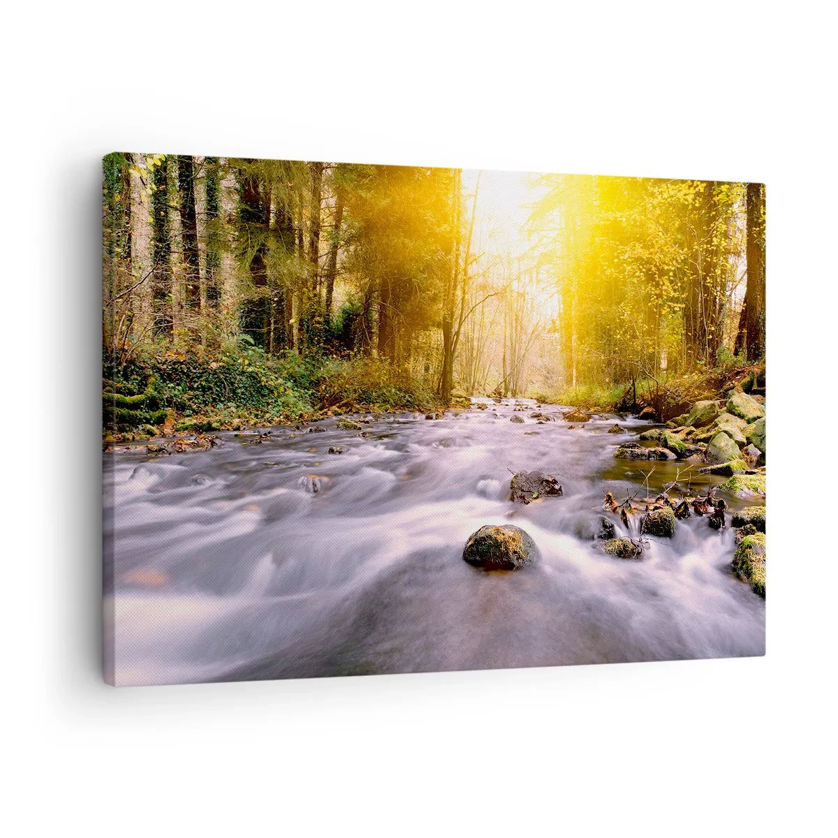 Obraz na plátně - Lesní potok ozářený slunečními paprsky - 70x50cm - Malachit ve stříbrně-zlaté podobě - Moderní nástěnná dekorace do obývacího pokoje a ložnice ARTTOR