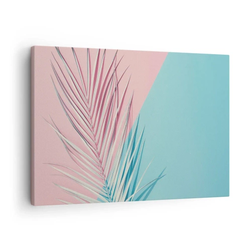 Obraz na plátně - Tropický list na pozadí pastelových odstínů růžové a modré - 70x50cm - Tropický dojem - Moderní nástěnná dekorace do obývacího pokoje a ložnice ARTTOR