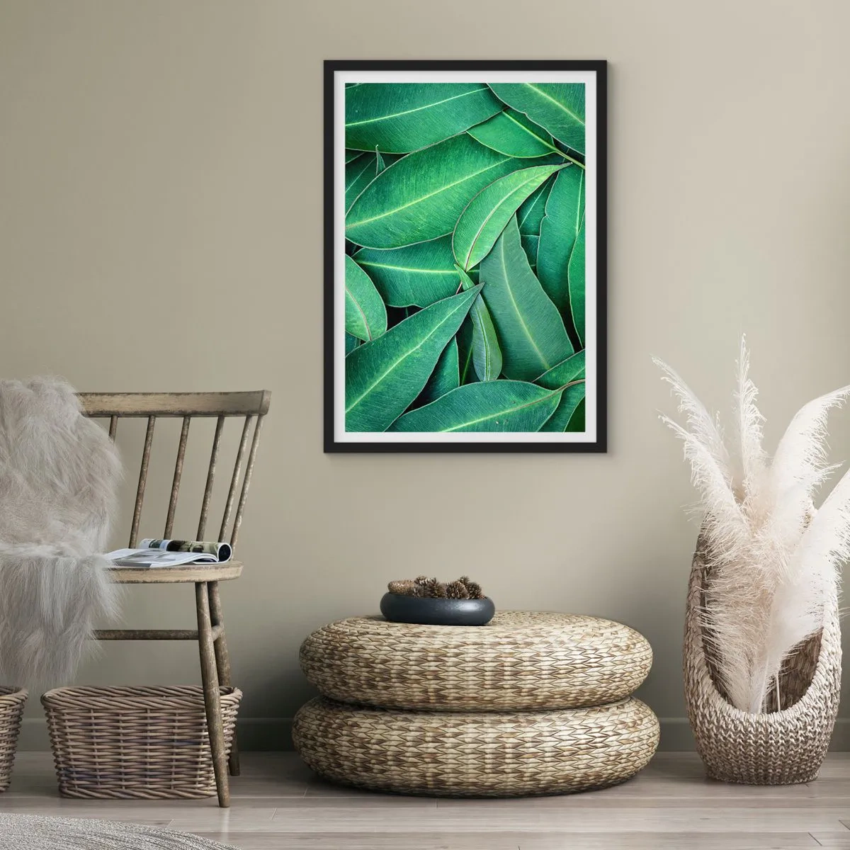 Plakát v černém rámu - Zelené listy uspořádané v husté kompozici - 50x70cm - Šťavnaté a svěží - Moderní nástěnná dekorace do obývacího pokoje a ložnice ARTTOR