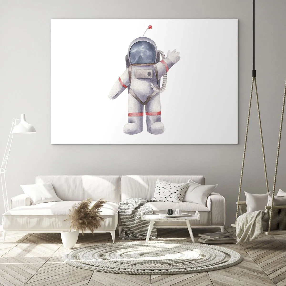 Obraz na skle - Astronaut mává ve vesmíru - 70x50cm - Tak zatím! - Moderní nástěnná dekorace do obývacího pokoje a ložnice ARTTOR