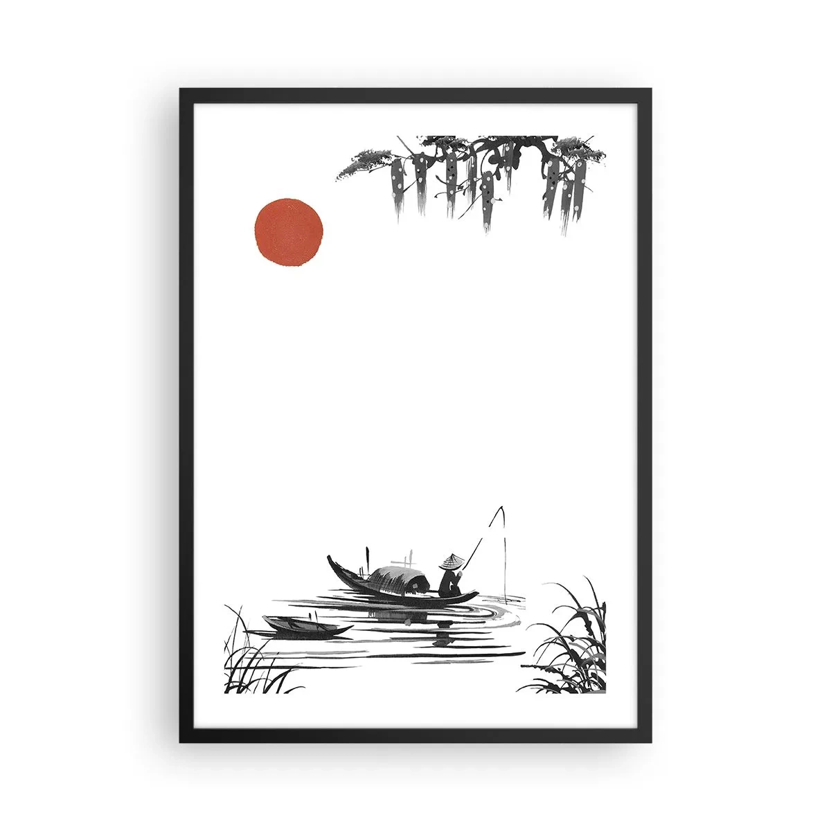 Plakát v černém rámu - Minimalistický obraz rybáře v lodi s rudým sluncem. - 50x70cm - Asijské odpoledne - Moderní nástěnná dekorace do obývacího pokoje a ložnice ARTTOR