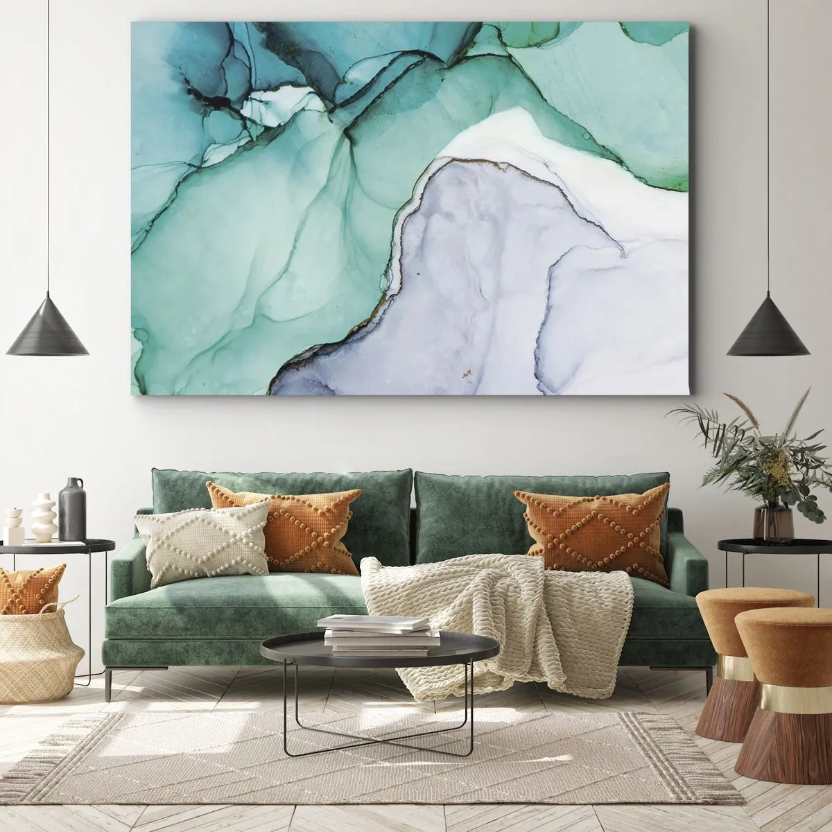 Obraz na plátně - Abstraktní vzor v odstínech tyrkysové a bílé - 70x50cm - Studie v tyrkysové - Moderní nástěnná dekorace do obývacího pokoje a ložnice ARTTOR