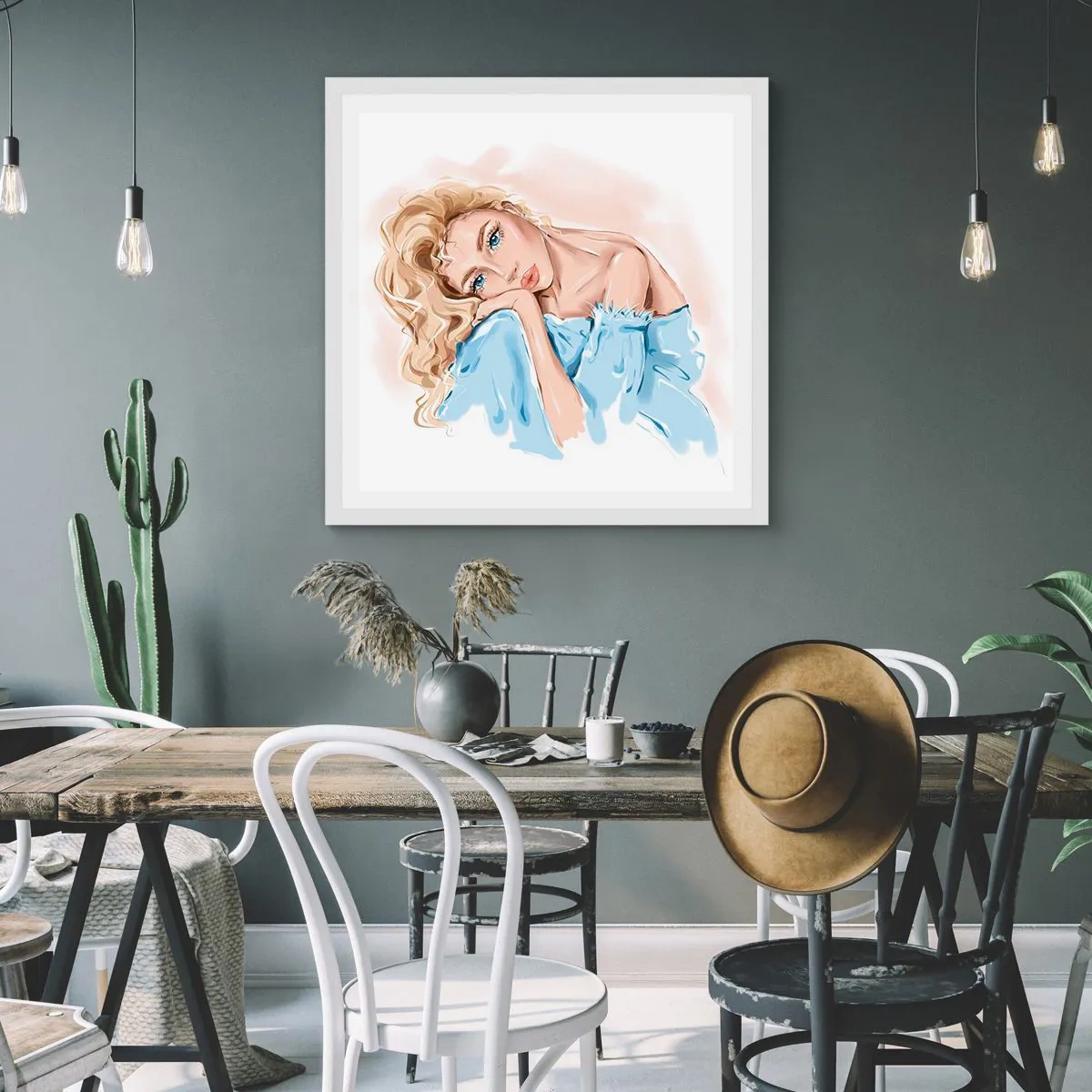 Plakát v bílém rámu - Zasněná v modré - 40x40 cm