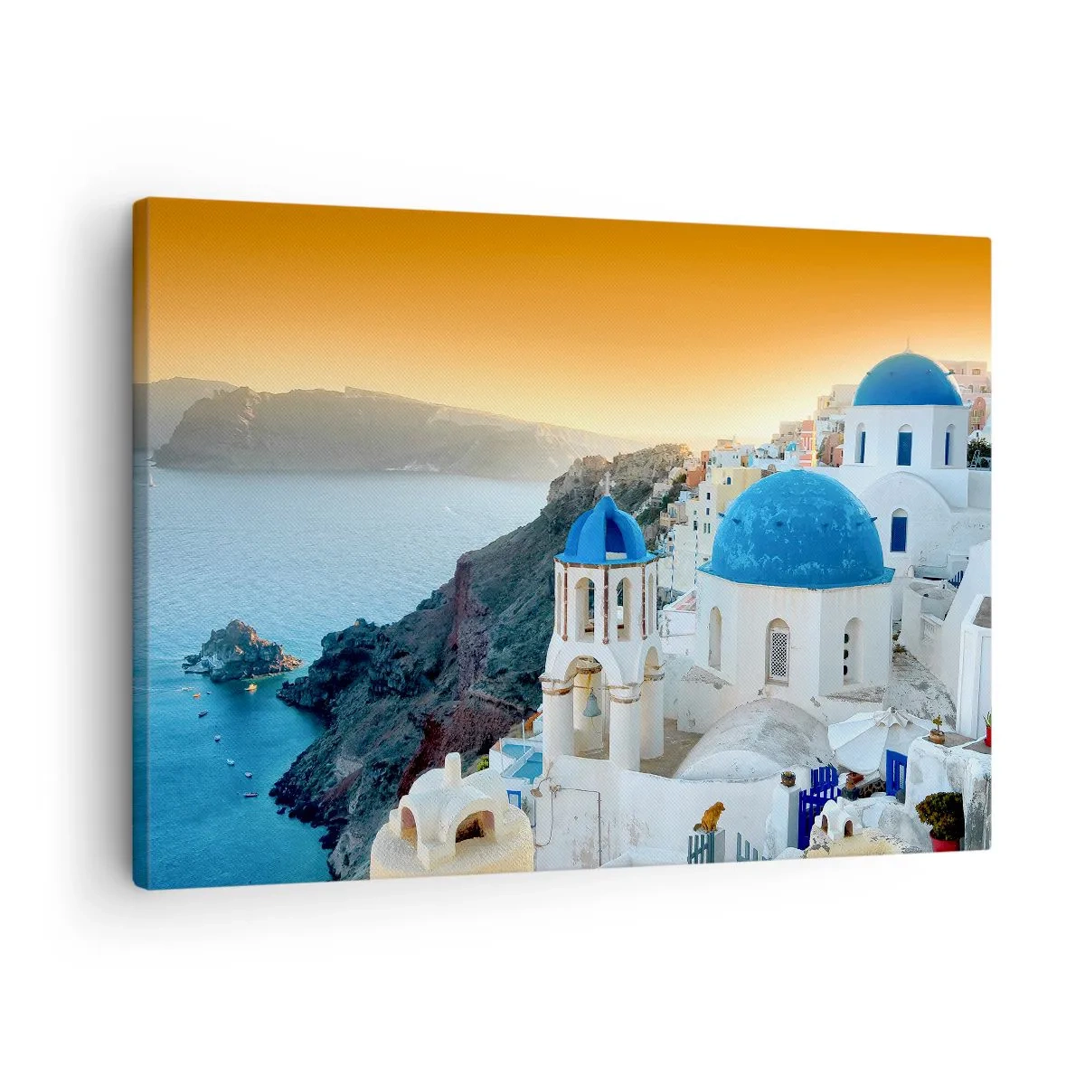 Obraz na plátně - Pohled na Santorini s bílými budovami a modrým mořem - 70x50cm - Santorini - přitulené ke skalám - Moderní nástěnná dekorace do obývacího pokoje a ložnice ARTTOR