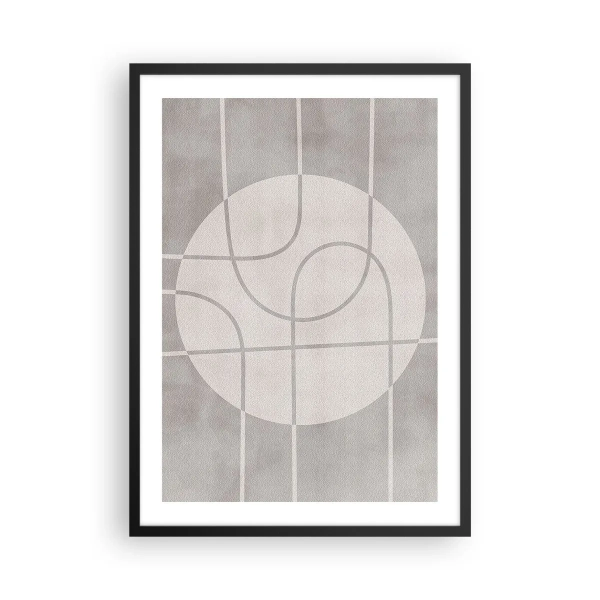 Plakát v černém rámu - Geometrické čáry a kruh v odstínech šedé - 50x70cm - Kruhově a přímo - Moderní nástěnná dekorace do obývacího pokoje a ložnice ARTTOR