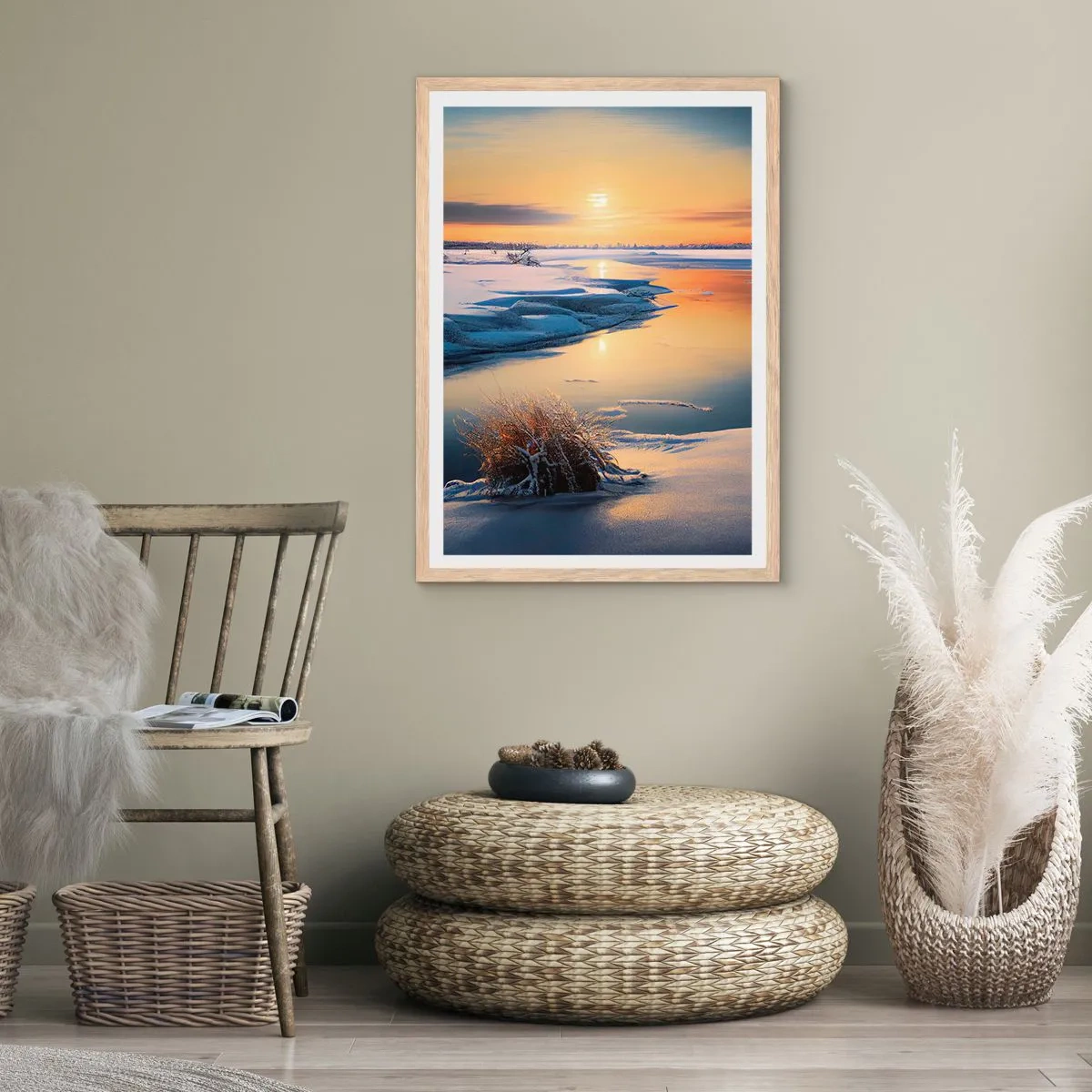 Plakát v rámu světlý dub - Zimní západ slunce - 30x40 cm