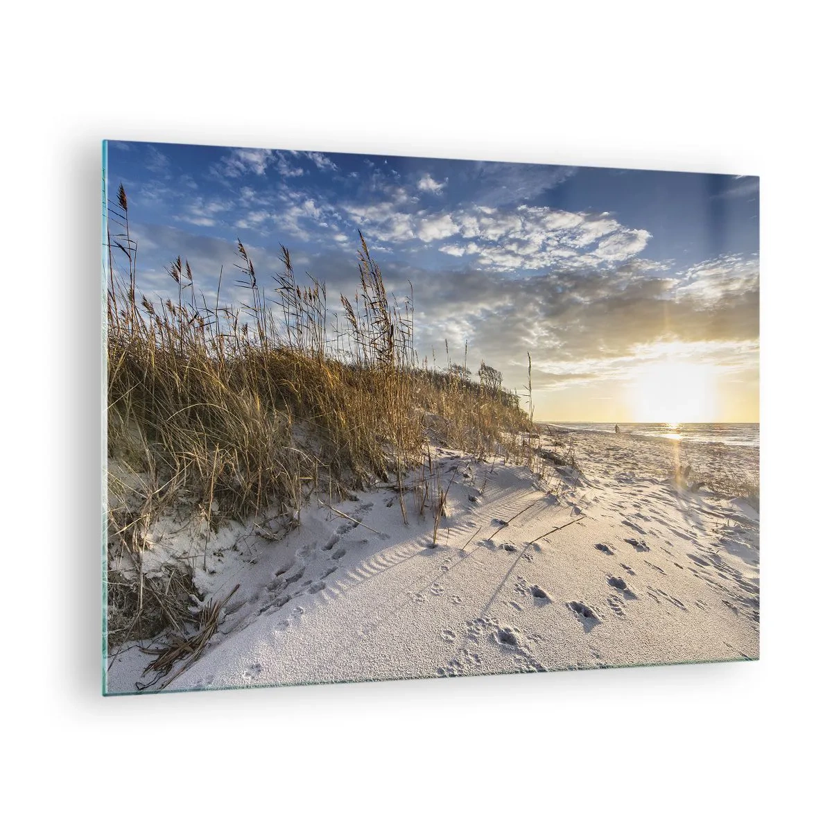 Obraz na skle - Písečná pláž při západu slunce s trávou u duny - 70x50cm - Pozvánka na procházku - Moderní nástěnná dekorace do obývacího pokoje a ložnice ARTTOR