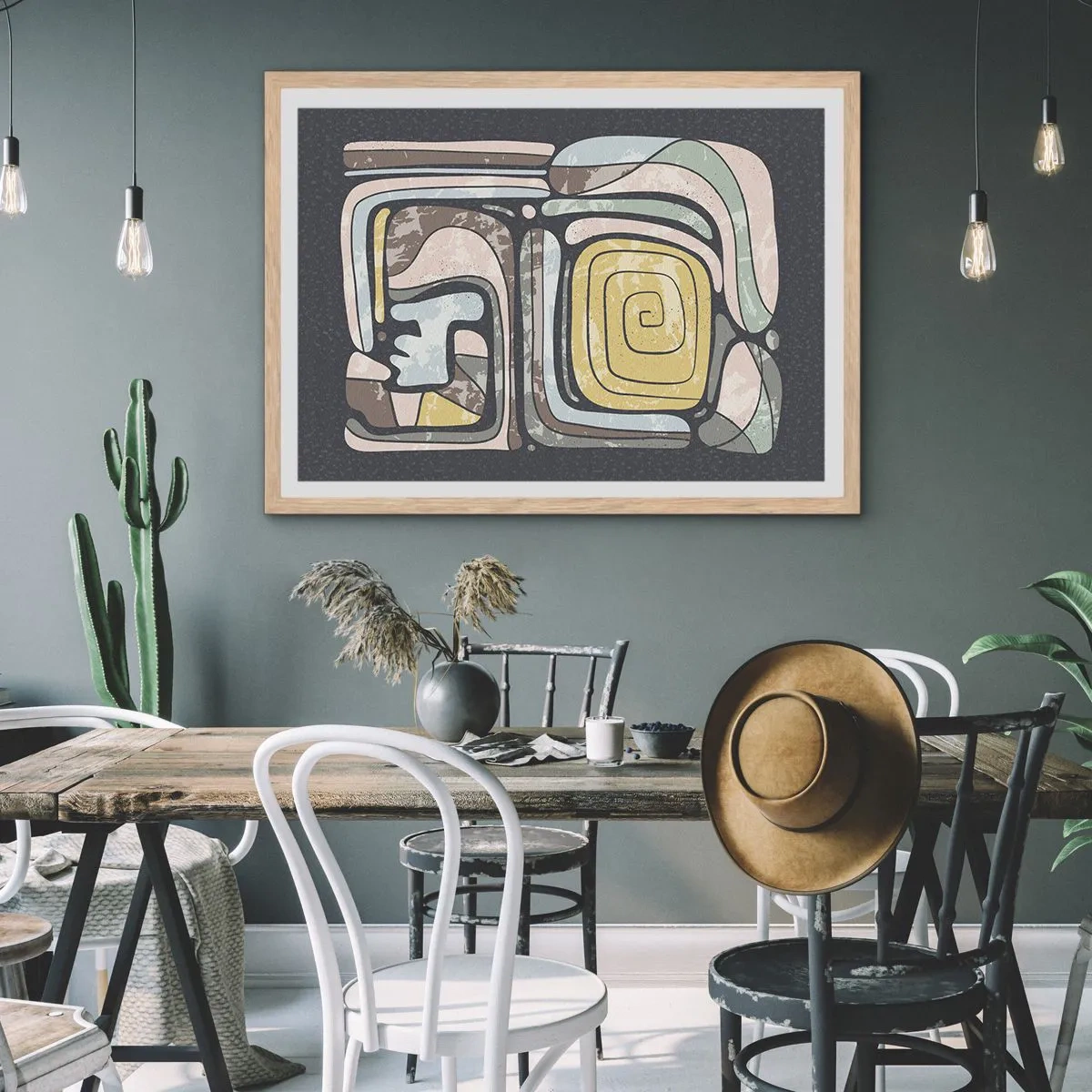 Plakát v rámu světlý dub - Abstrakce v předkolumbovském duchu - 91x61 cm