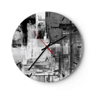 Nástěnné hodiny - Černobílá abstrakce s texturou tahů štětcem - 30x30cm - Šedé je krásné - Moderní nástěnná dekorace do obývacího pokoje, kuchyně a ložnice ARTTOR