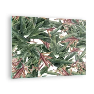 Obraz na skle - Listy v odstínech zelené a vínové na světlém pozadí - 70x50cm - Smaragdově-liliové houští - Moderní nástěnná dekorace do obývacího pokoje a ložnice ARTTOR