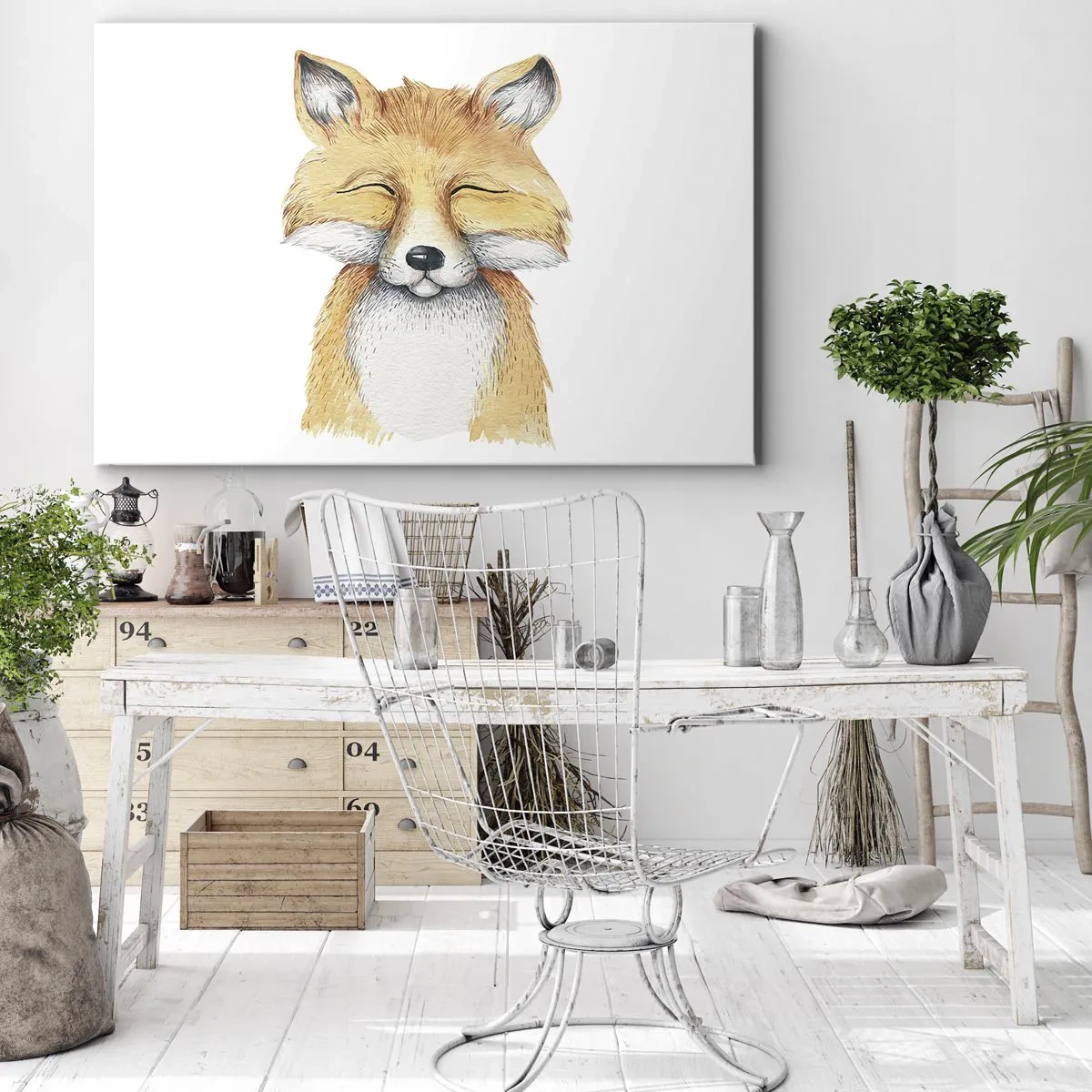Obraz na plátně - Akvarelová liška s úsměvem v minimalistickém stylu - 70x50cm - Liščí rozladěnost - Moderní nástěnná dekorace do obývacího pokoje a ložnice ARTTOR