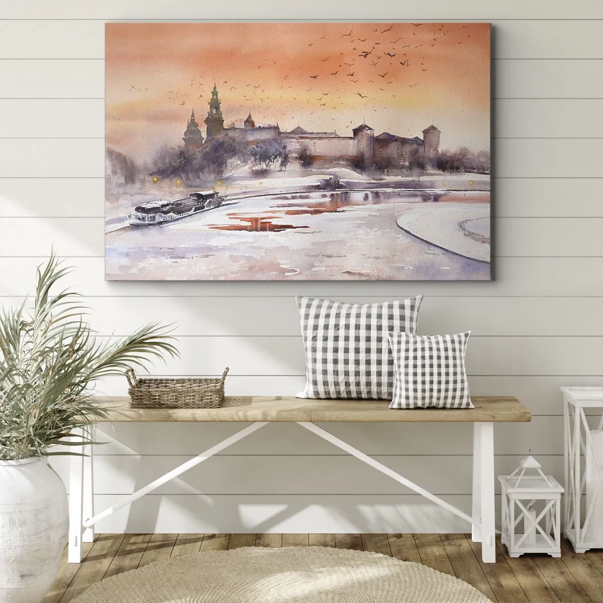 Obraz na plátně - Západ slunce nad hradem v zimní krajině - 70x50cm - Královský západ slunce - Moderní nástěnná dekorace do obývacího pokoje a ložnice ARTTOR