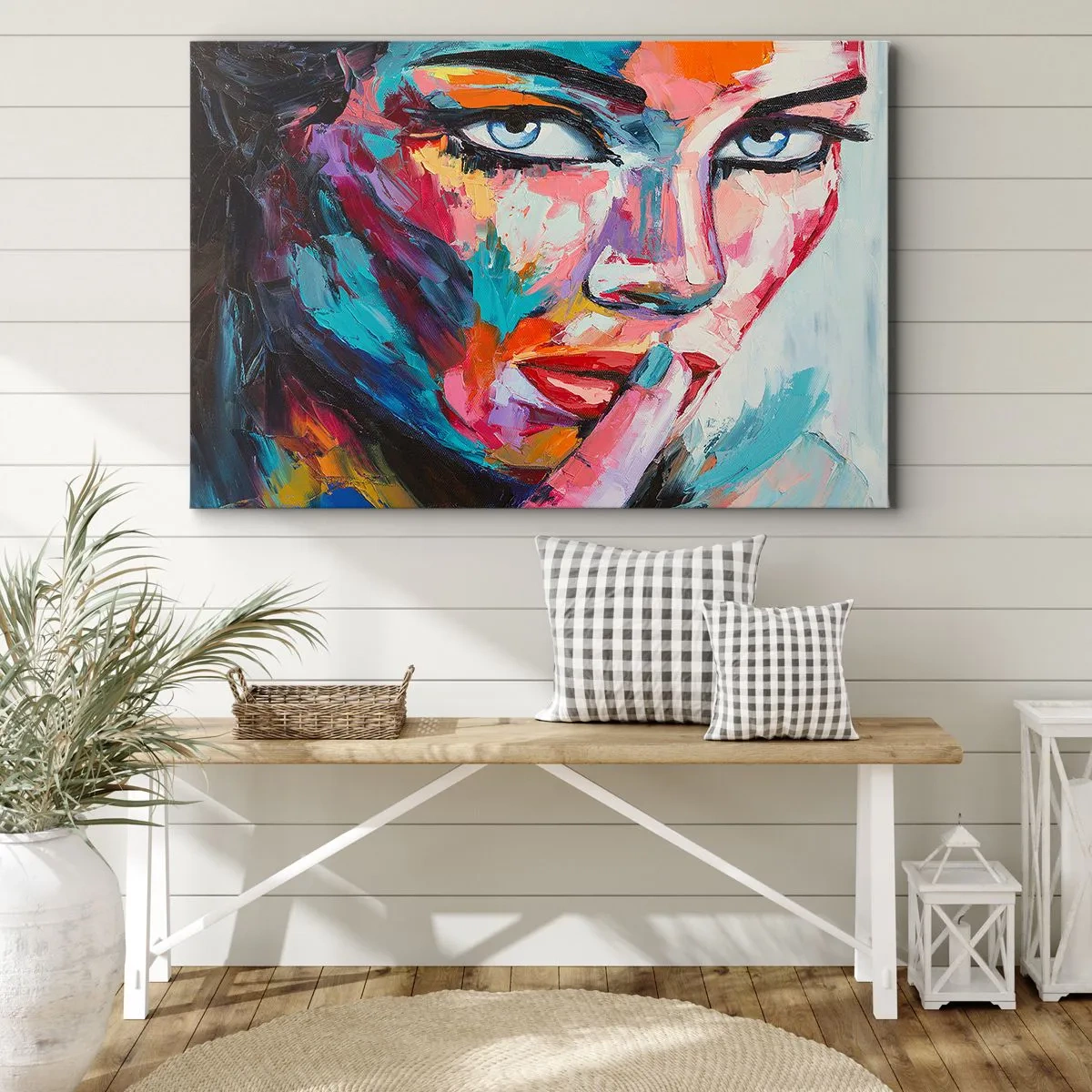 Obraz na plátně - Barevný portrét ženy v abstraktním stylu - 70x50cm - Naše první tajemství - Moderní nástěnná dekorace do obývacího pokoje a ložnice ARTTOR
