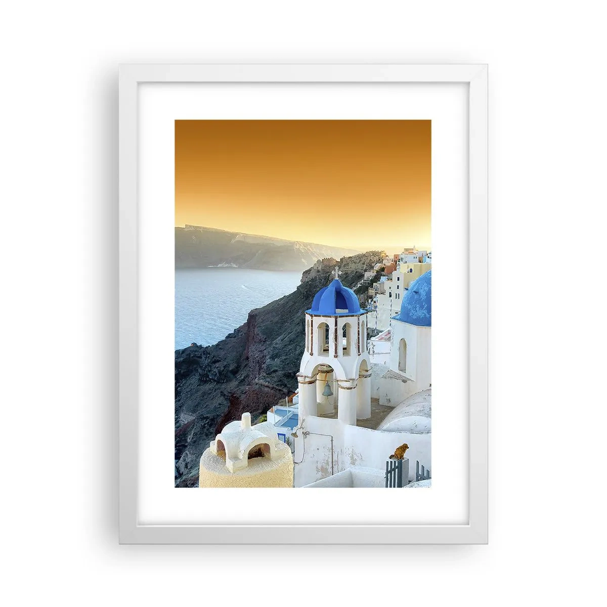 Plakát v bílém rámu - Santorini - přitulené ke skalám - 30x40 cm