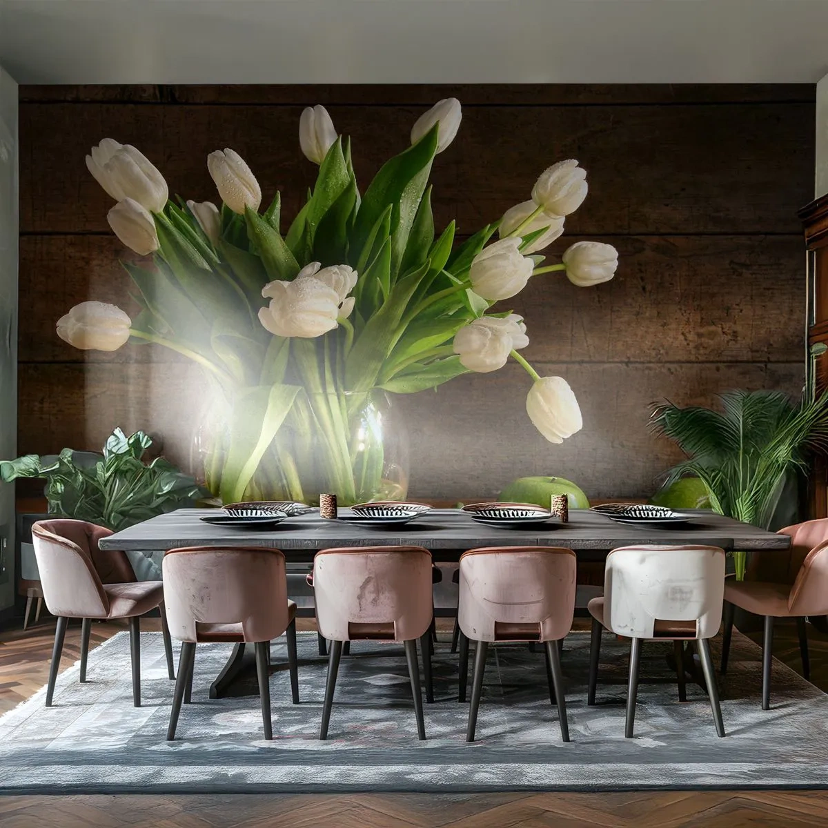 Fototapeta Premium Sand - Šťavnaté a čerstvé v zelené a bílé - Květiny, tulipány, Kytice květin - 400x280 cm