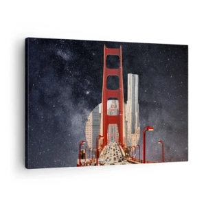 Obraz na plátně - Most Golden Gate s městem v pozadí proti hvězdné obloze - 70x50cm - Vždy uprostřed - Moderní nástěnná dekorace do obývacího pokoje a ložnice ARTTOR