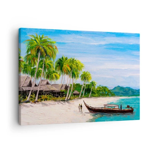 Obraz na plátně - Exotická pláž s palmami a lodí na břehu - 70x50cm - Exotický sen - Moderní nástěnná dekorace do obývacího pokoje a ložnice ARTTOR
