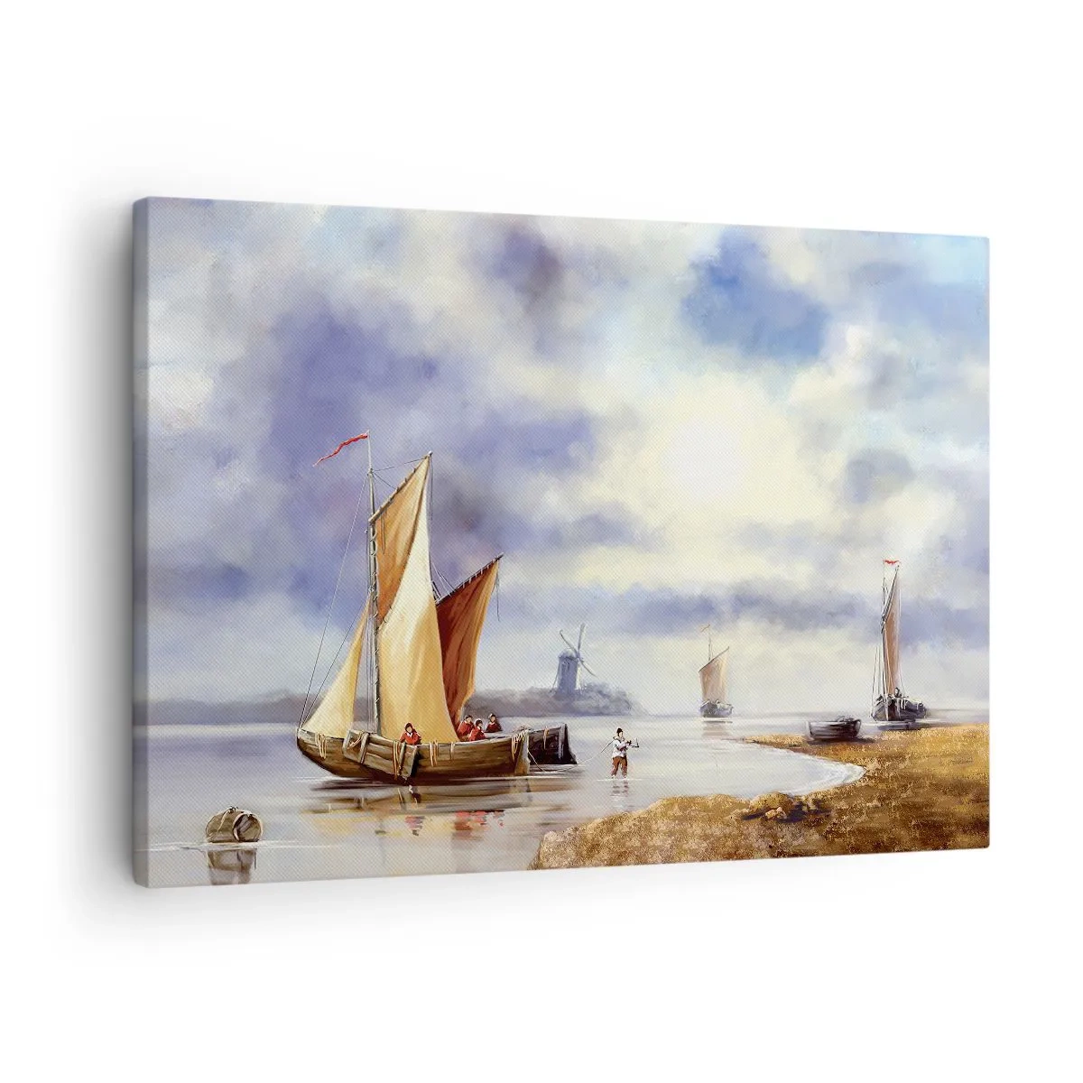 Obraz na plátně - Plachetnice na klidné vodě s větrnými mlýny v pozadí - 70x50cm - Návrat námořníků - Moderní nástěnná dekorace do obývacího pokoje a ložnice ARTTOR