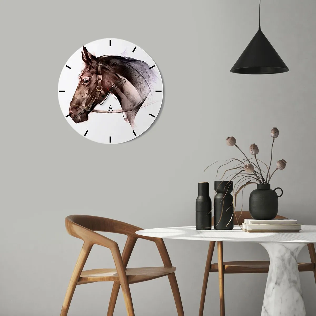 Nástěnné hodiny - Umělecky vykreslený portrét koně na světlém pozadí - 30x30cm - To je ale půvab - Moderní nástěnná dekorace do obývacího pokoje, kuchyně a ložnice ARTTOR