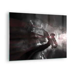 Obraz na skle - Saxofonista v oparu kouře v černé a bílé - 70x50cm - V oparu jazzu - Moderní nástěnná dekorace do obývacího pokoje a ložnice ARTTOR